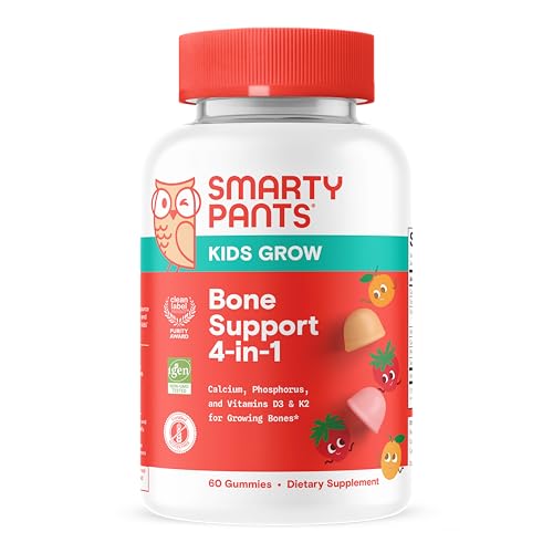 SmartyPants Kids Bone Support 4-in-1 Gummies with Calcium Vitamin D3 K2 & Phosphorus for Growing Bones Strawberry Mango 60 Count (30 Day Supply)