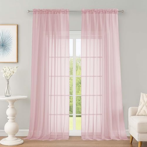 Image of OWENIE Extra Long Blush Sheer Curtains 96 Inches Long 2 Panels Set, Soft Lightweight Airy Voile Sheer Curtain for Bedroom Living Room, Rod Pocket Solid Color Farmhouse Curtains, 59 inch Wx96 L Inch