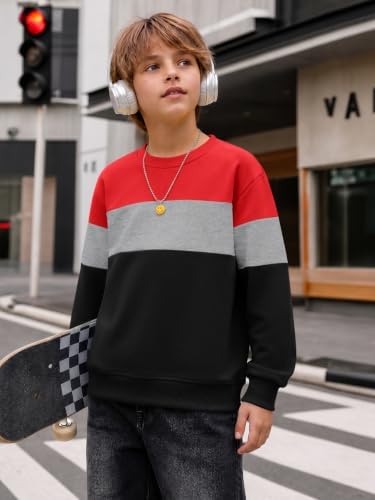 Haloumoning Boys Sweatshirt Color Block Crewneck Long Sleeve Pullovers Red - 2