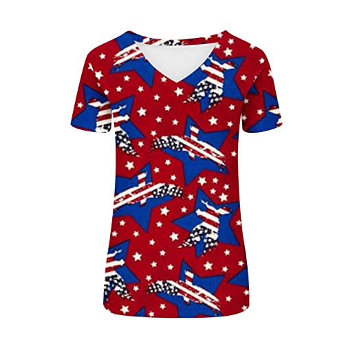 Womens Basic Tops Short Sleeve Shirts Leisure Tees Tshirts Loose Comfy Blouse Usa 4Th Of July Flag Pattern #TOP5
