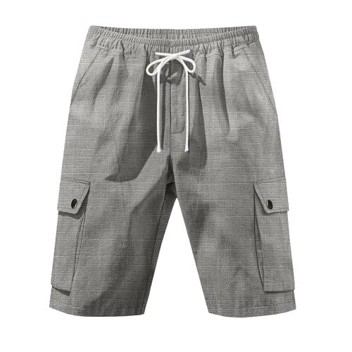 Men's Elastic Waist Comfort Outdoor Cargo Short Casual Cotton Linen Beach Shorts Drawstring Solid Work Summer Shorts (Grey,X-Large)2