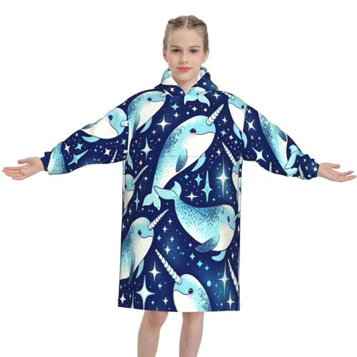 Augenstern Flannel Wearable Blanket Hoodie Cute-Narwhal-Blue-Shining Oversized Sweatshirt Hooded Blanket With Pocket