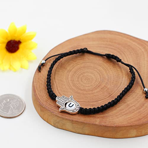 Image of Uloveido Customized A to Z 26 Letters Hand of Fatima Bracelet - Fatima Hamsa Hand Evil Eye Protection Bracelet Lucky Charm Adjustable Braided Black String