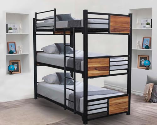 Catálogo de Coppel Muebles Literas los más solicitados. 50 LUCCÍA Litera Triple Individual Base Cama Elegante - 3 Niveles con Escalera y Barandal de Seguridad - Estilo Industrial (Parota)