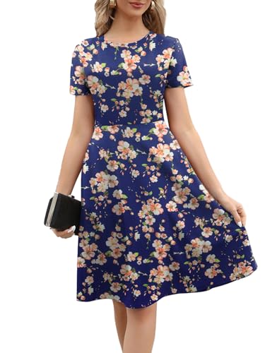 Image of Women's 2026 Fit and Flare Dress Summer Casual Elegant Vintage Floral Printed Work Party A-line Dress with Pockets 162