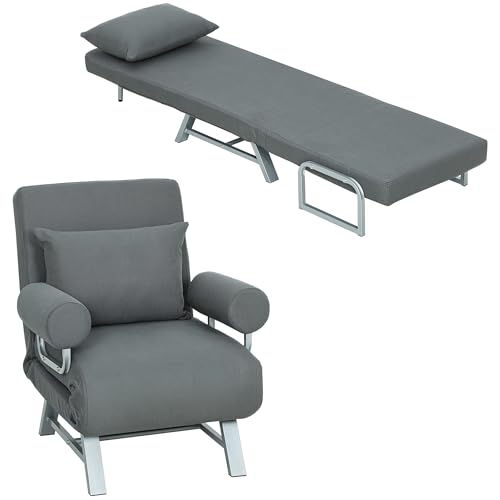 HOMCOM Sofá Cama de 1 Plaza 3 en 1, Sofá Cama Plegable Tapizado en Lino Sintético con Respaldo Ajustable de 5 Niveles y Almohada Acolchada, para Oficina, Dormitorio, Salón, 73x78x81 cm, Gris Oscuro
