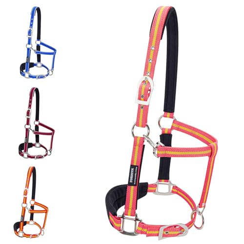 Fornyk Adjustable Horse Halters, Soft Polar Fleece Padded Rope Halters, Equestrian Halter, Horse Riding Headcollar with Satin Hardware, Prevents Rubs, Great for Trailering & Shows (Coral Red, Large)