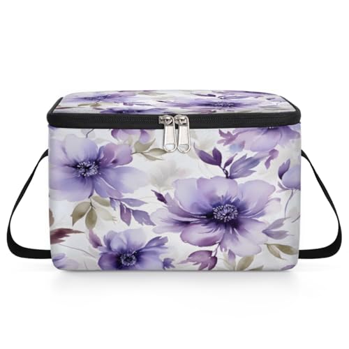 Purple Flowers Lunch Bags for Women Men 9 Cans, Hot & Cold Food Delivery Bag Insulated Grocery Bag Insulated Lunch Box Beautiful Cooler Bag for Office Work Picnic Beach