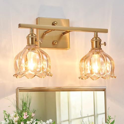 Image of 2-Light Amber Tulip Glass Vanity Light, Brushed Gold Vintage Bathroom Wall Sconce, 14.5 inch Antique Brass Wall Lamp for Mirror, Powder Room, Bedroom (Individual Rotary Switches, Bulbs Not Included)