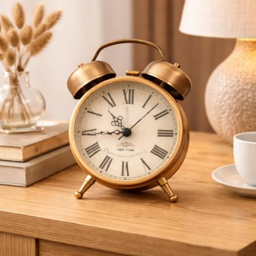 Image of AERYS Roman Metal 4.5-inch Analog Alarm Clock with 1Year Warranty,for Adults and Heavy Sleepers,Loud Twin Bell Table Clock with Backlight Alarm Clocks for Students Decoration Bedroom /Office(Copper)