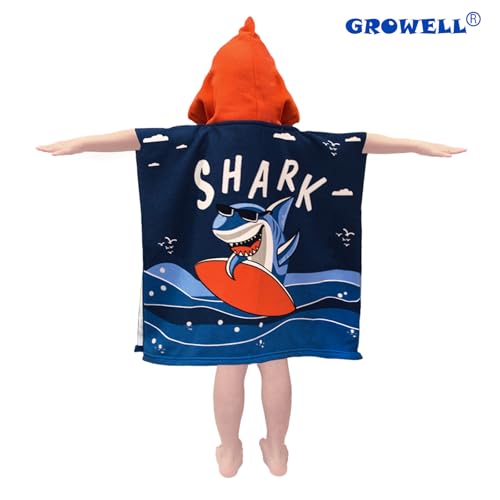 Image of growell Hooded Kids Beach Towels - Toddler Bath Towel Girls Boys Swim Cover-ups for Ages 1 to 6 Kids Pool Towels Quick Dry Lightweight Soft Microfiber Poncho Towel 24x23 (Shark Surfing)
