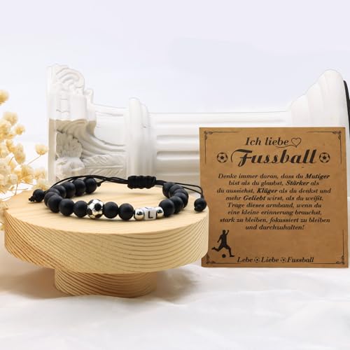 Casxyue Fussball Geschenke Jungen Fußball Armband mit Anfangsbuchstaben Anhänger Fußballfan Geschenke Naturstein Fußball Armband für Sohn Bruder Geburtstagsgeschenk Weihnachtsgeschenke für Junges (L)