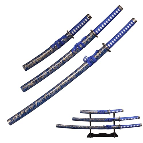 FullTang Blue Iaido Katana 3pc Set Japanese Samurai Sword with Display, Engraved with Pattern On The