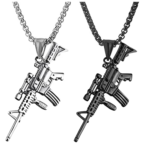 JKJF Gun Pendant Necklace Submachine Gun Necklace Rock Hip Hop Gun Necklace for Men – Black Silver Style 1 Cover