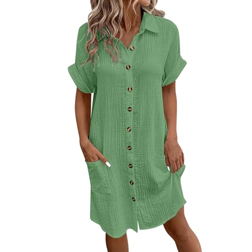 Musselin Kleid Damen Sommerkleid Mit Taschen Blusenkleid Strandkleid Kleid Mit Knopfleiste Kurzarm Musselinkleid Kleider Sommer Knielang Luftige...