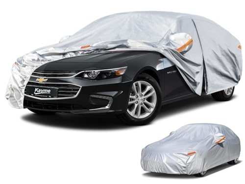 Image of Kayme 6 Layers Car Cover Custom Fit for Chevrolet Chevy Malibu (1997-2025) Waterproof All Weather for Automobiles, Outdoor Full Cover Rain Sun UV Protection.Silver