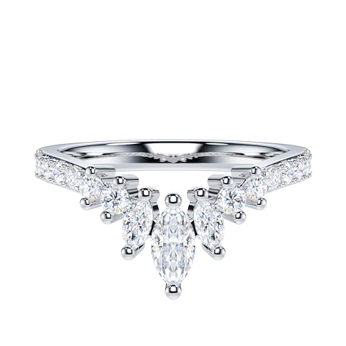 THELANDA Marquise & Round Genuine Moissanite or Simulated Diamond Sterling Silver Slight V Shape Crown Matching Ring Wedding Band
