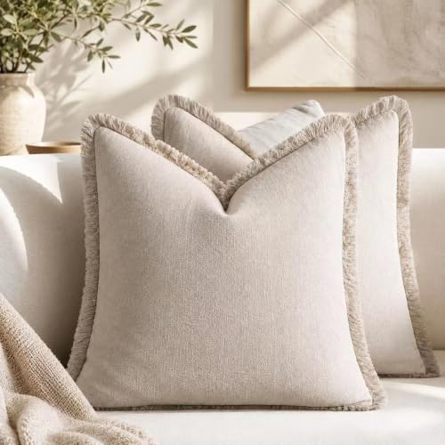 2er Set neutralen Baumwolle Quasten Kissenbezug Kissenbezug Boho Kissenbezug 40x40 Beige Dekorative Leinen-Kissenbezüge Boho-Stil mit Fransen für Couch Sofa Schlafzimmer Wohnzimmer Heimdekoration