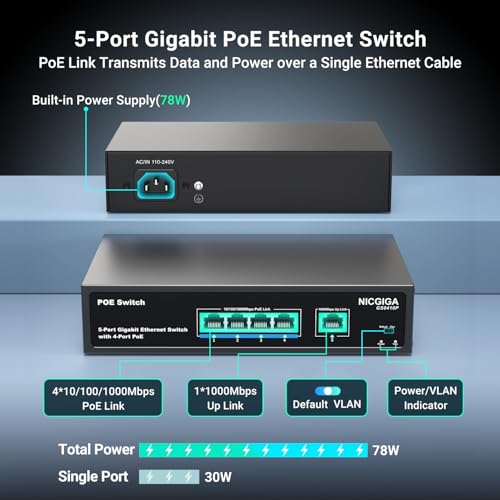 Image of 4 Port Gigabit PoE Switch Unmanaged with 4 Port IEEE802.3af /at PoE @78W, 1 x 1000Mbps Uplink, NICGIGA 5 Port Network Power Over Ethernet Switch, VLAN Mode, Desktop /Wall-Mount.