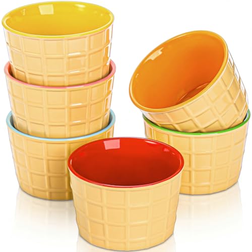 Elsjoy Set of 6 Ceramic Ice Cream Bowls 9 oz Porcelain Ice Cream Cone Cups Waffle Cone Bowls Reusable Dessert Serving Bowls for Sundae Yogurt Souffle