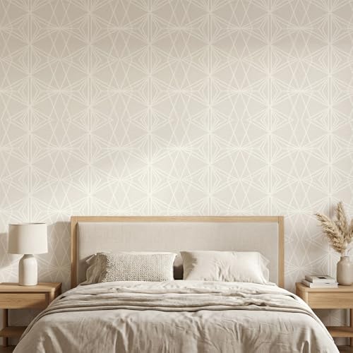 Papier peint géométrique beige et blanc ReWallpaper pour relooker un mur de 44 cm x 7 m