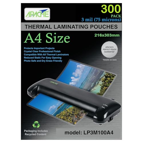 Apache Bolsas de laminación de 3 mil, para papel de tamaño A4 de 8.25 x 11.7 pulgadas, hojas de 8.5 x 12 pulgadas, paquete de 300, suministros de oficina y escuela, laminador térmico
