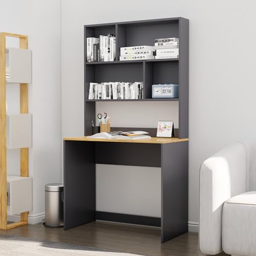 Image of Bniture Wooden Study Table for Home | Engineered Wood Study Table with Book Shelf | Multi Purpose Computer Desk for Writing & Study | Laptop Table for Home & Office | Slate Grey & Giant Wood