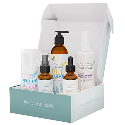 Eva Naturals Rejuvenating Skincare Set - Exfoliate, Replenish & Moisturize With Vitamin C Plus Serum, Bee Clean Cleanser, Eye Gel, Face Moisturizer & Toner - Perfect Facial Cleanser Gift Set (5 Pcs)