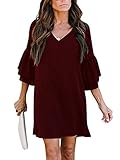 MissLook Women's Dress V-Neck Cute Bell Sleeve Loose Shift Dress Swing Mini Dress - Burgundy M
