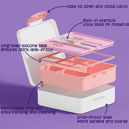 Fimibuke Bento Lunch Box for Kids, Leak Proof Toddler Bento Box with 4 Compartments BPA Free Dishwasher Safe Lunch Container with Utensils, Ideal Portion Sizes for Ages 3-12 Girls Boys for School