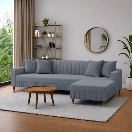 Image of AMATA Omega 4 Seater l Shape Light Grey Suede Velvet Fabric Sofa Set with Four Cushions Perfect for Home Office Guests Living Room (Omega Light Grey, L Shape 4 Seater)