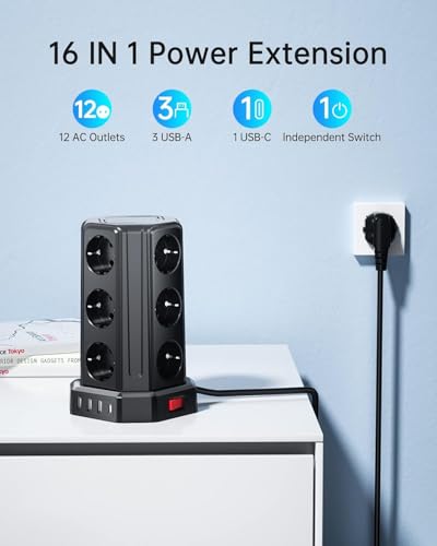 Miniatura 3 de Torre Regletas Enchufes Con Cable 5m, Regleta Usb 12 Tomas De Ac Corrientes Y 4 Usb, 3680w 16a, Regreltas Vertical Con Interruptor Para Mesa, Oficia, Casa