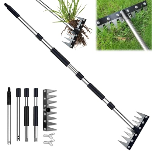 Image of HASTHIP Garden Rake 8-Spike Steel Detachable Long Handle for Yard