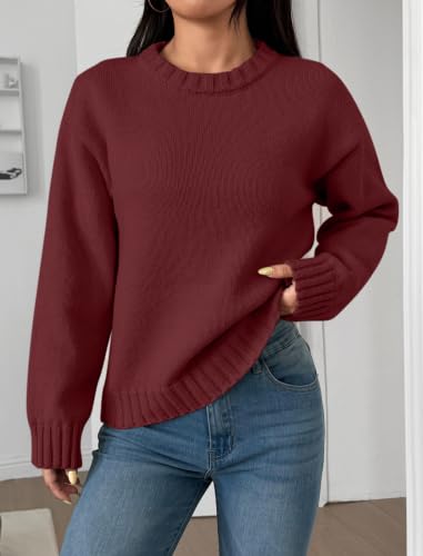 Image of ZAFUL Crew Neck Cozy Long Sleeves Casual Knit Pullover Sweater for Women | Classic Vintage American Style, Ribbed Collar and Cuff, Relaxed Fit, Cozy Chunky Knitwear Jumper