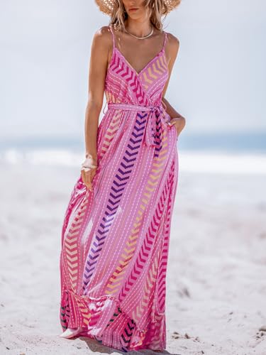 CUPSHE Women Maxi Dresses Spaghetti Straps V Neck Sleeveless Belted Beach Boho Ruffled Summer Pockets Vacation Casual Dress4