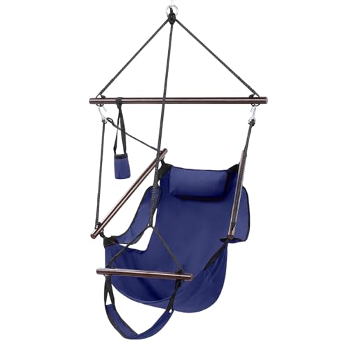 Image of ONCLOUD Sky Chair, Deluxe Hanging Hammock Air Chair Swing Seat with Pillow, Drink Holder, Solid Wood Weather Resistant for Indoor /Outdoor Yard Garden Tree Patio Porch, 250 LBS (Navy Blue)