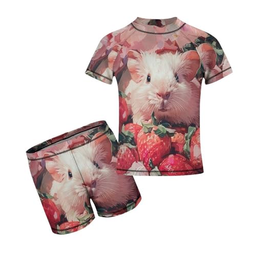 Soft Pink Guinea Pig and StrawberriesChildren's Casual Swimsuit Set - Simple and Versatile8-10Y（130cm） - Main Image
