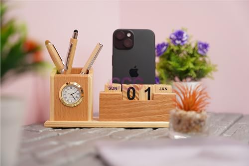 Image of CRAFT CLOSET & GIFTS Wooden Pencil Pen Stand Holder with Rolling Calendar and Mobile Stand Slot - Personalized Office Accessory for IAS, Advocate, Office & Corporate Gifts