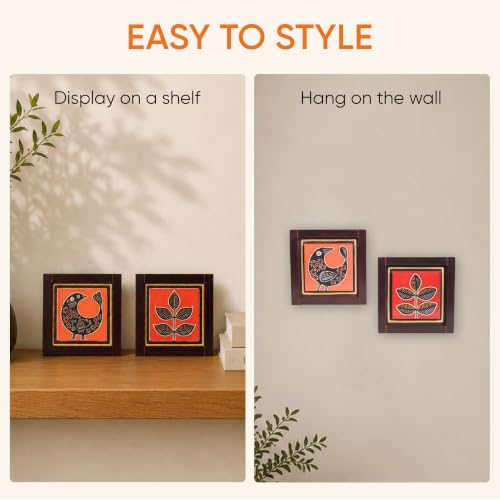 Image of AAKRITI ART CREATIONS Pichhwai Handcrafted Tiles Wall Art Panel, Madhubani Art Wall Hanging Set of 2, Brown and Red Wall Decor | Glossy Finish Ceramic and Wooden | Living Room, Bedroom, Office