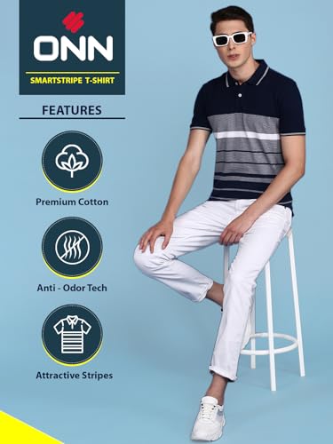 Image of ONN Men's Regular Fit Polo Neck Half Sleeve Striper T-Shirt | T-Shirt for Men