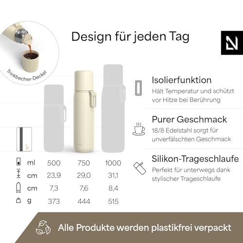 Image of LARS NYSOM Stainless Steel Thermo Water Bottle - Double Wall Insulated Water Bottle with Cup & Carry Strap, Leakproof Metal Bottle for Travel, Office & Outdoor (Almond Beige, 25oz)