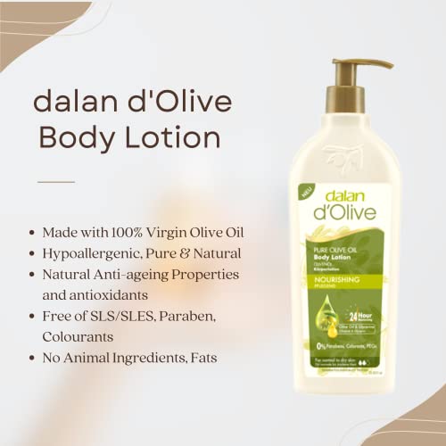 Dalan d'Olive Body Lotion mit reinem Olivenöl, 400 ml Pumpspender für Damen & Herren, feuchtigkeitsspendende & parabenfreie Pflege bei normaler & trockener Haut