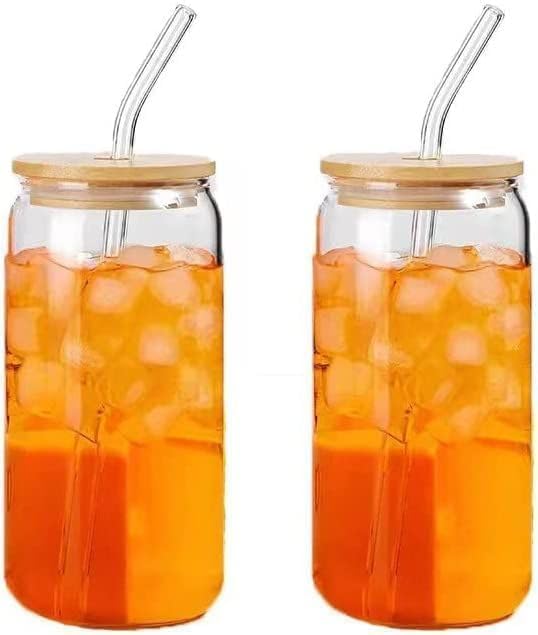 MORDERA Glass Fruit Juice Milk Sipper Tumbler Mug with Lid and Glass Straw - 550ml - Pack of 2 - Tea and Coffee Cup Can Set