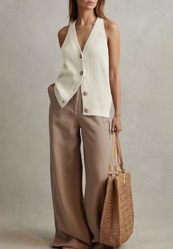Image of Womens Button-Front Sweater Vest Top V Neck Sleeveless Knit Tank Fitted Halter Raceback Cardigan Vest