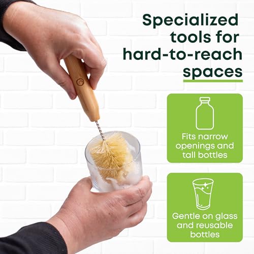 Image of Tieralia Bamboo Dish Brush Set 5 Piece - Eco Friendly Kitchen Cleaning Kit with Bottle Brush, Long Dish Brush, Palm Scrubber & 2 Plant-Based Sponges | Plastic-Free Natural Dish Scrubber