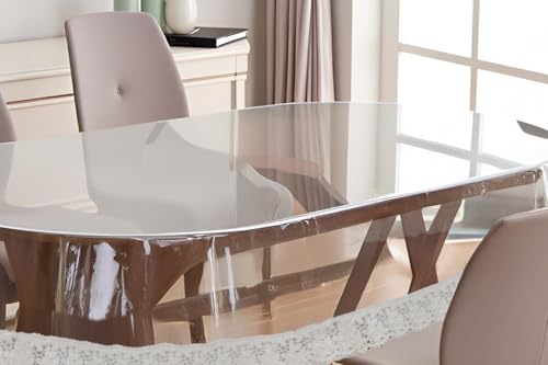 Image of The Furnishing Tree Oval Shaped 4 to 6 Seater Transparent Table Cover WxL 54x78 inches 0.25 mm Thickness with White Lace