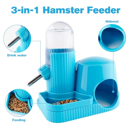 Image of 3 in 1 Multifunctional Hamster Water Bottle No Drip Gerbil 100ML Water Bottle Dispenser with Food Bowl Small Animal Auto Dispenser with Hideout Base Hamster Cage Accessories (Blue)