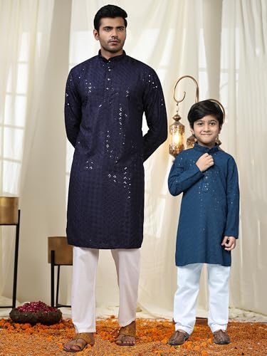 Image of Pro-Ethic Style Developer Men Silk Striped Father Son Matching Ethnic Wear Embroidery Mirror Work Kurta Pyjama Set |(Combo)B-117