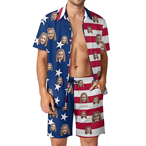 Custom Face Men's 2 Piece Flower Shirt Hawaiian Sets American Flag Printed Casual Button Down Short Sleeve Shirt Beach Gift