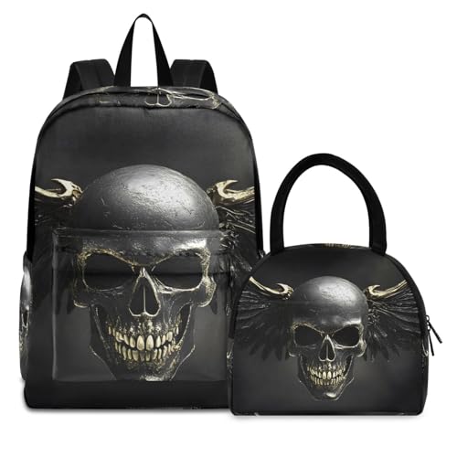 Backpack Lunch Bag Set Dark Skull Wings Print, Big Storage Travel Backpacks with Insulated Lunch Box for Office Hiking Picnic